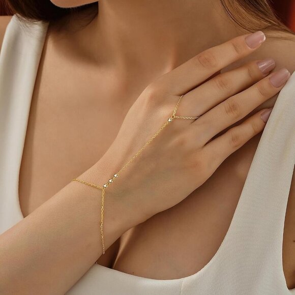 14K Gold Plated GD-round Clover Link Chain Ring Bracelet Hand Chain for Women - Picture 2 of 7